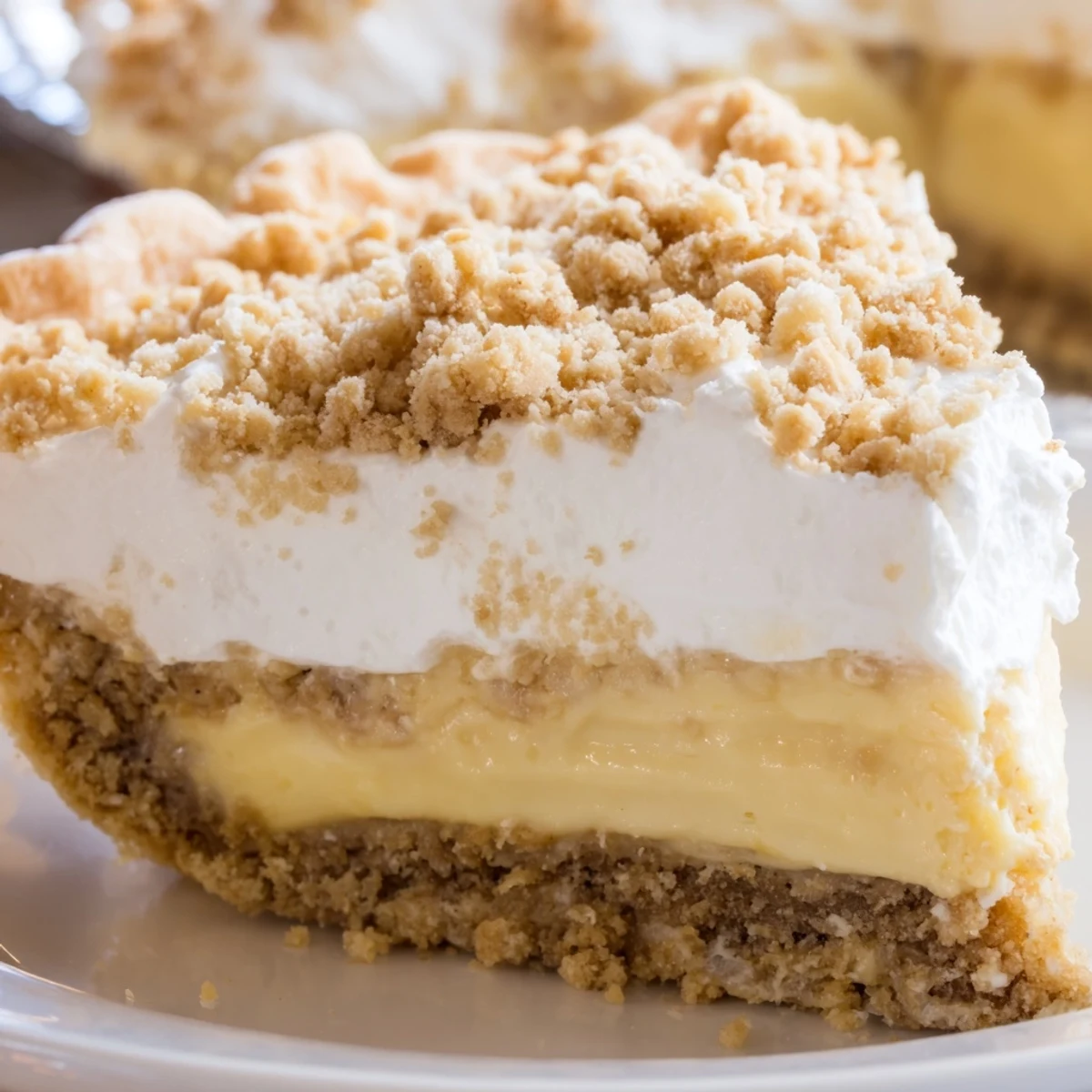 Creamy Amish peanut butter dream pie topped with whipped cream and golden crumb topping