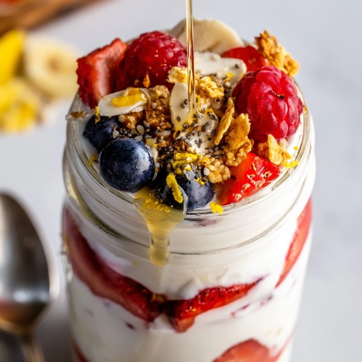 Creamy Greek yogurt parfait layered with fresh berries and golden granola in a glass