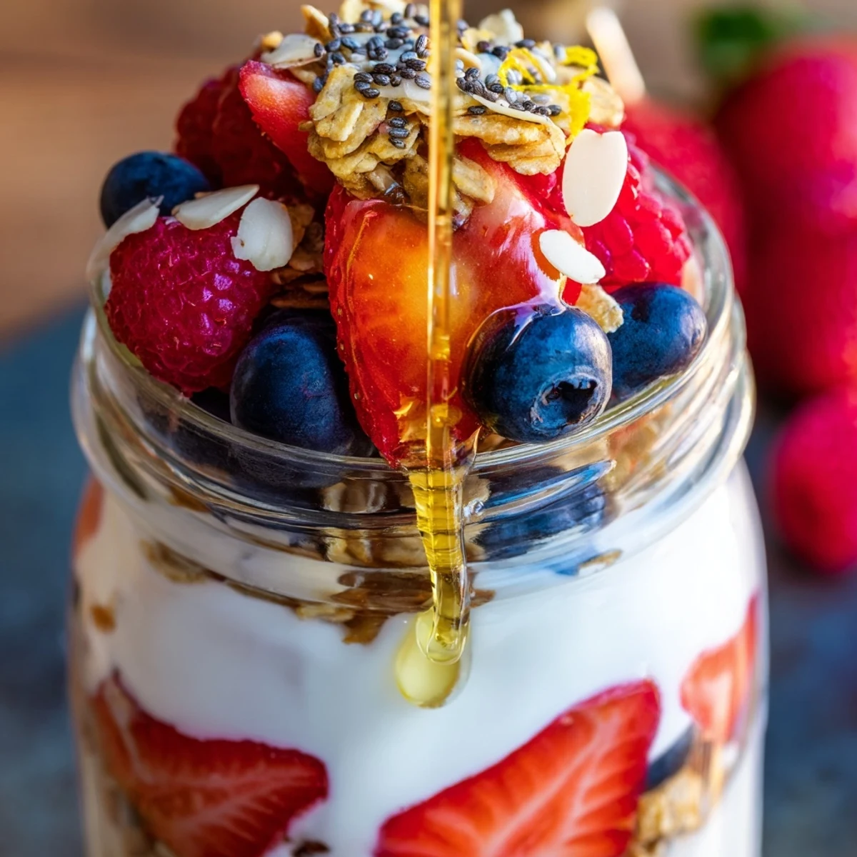 Greek yogurt parfait topped with vibrant mixed berries and crunchy oat granola