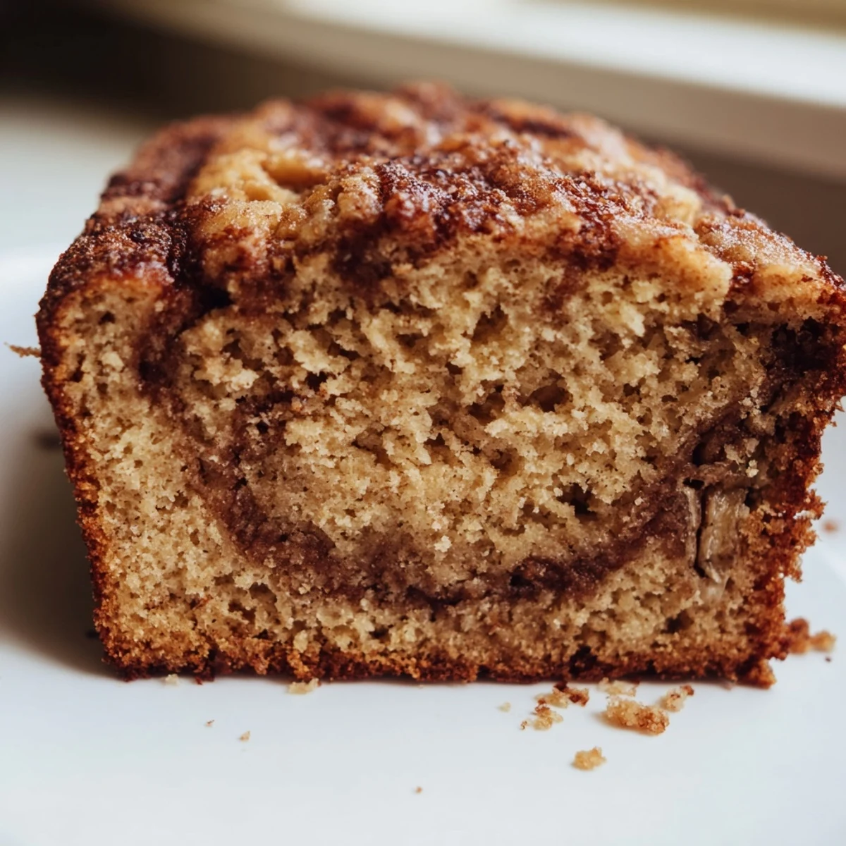 Golden Cinnamon Sugar Swirl Banana Bread sliced thick on a rustic wooden cutting board