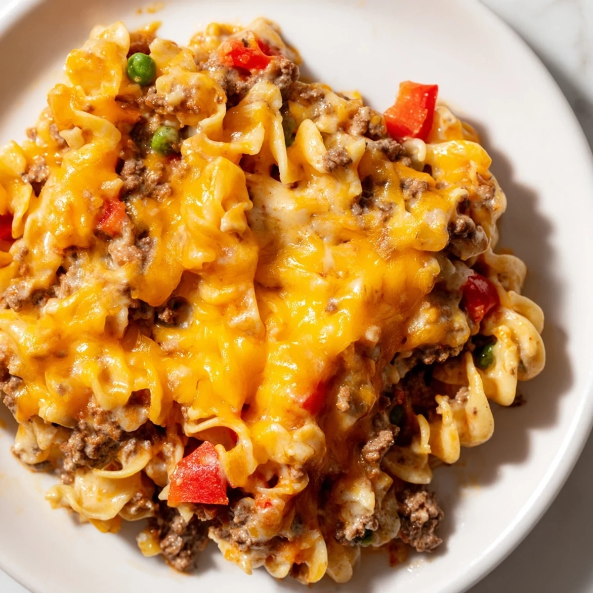 Golden bubbling cheesy beef and noodle casserole fresh from the oven with melted cheddar topping