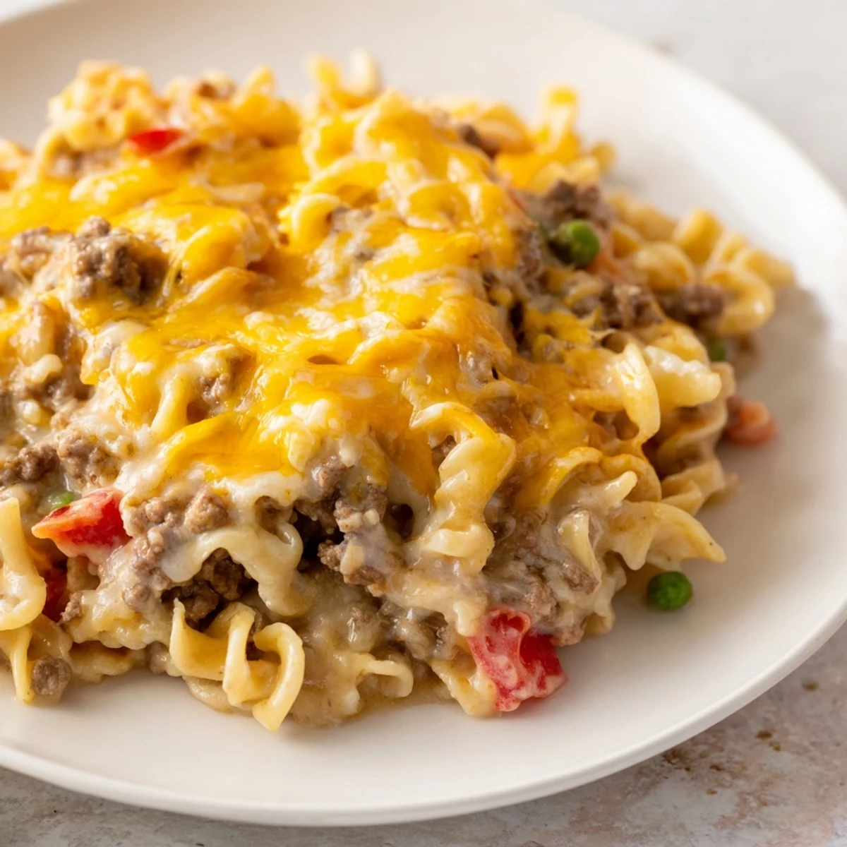 Creamy cheesy beef and noodle casserole with tender egg noodles in a savory beef sauce