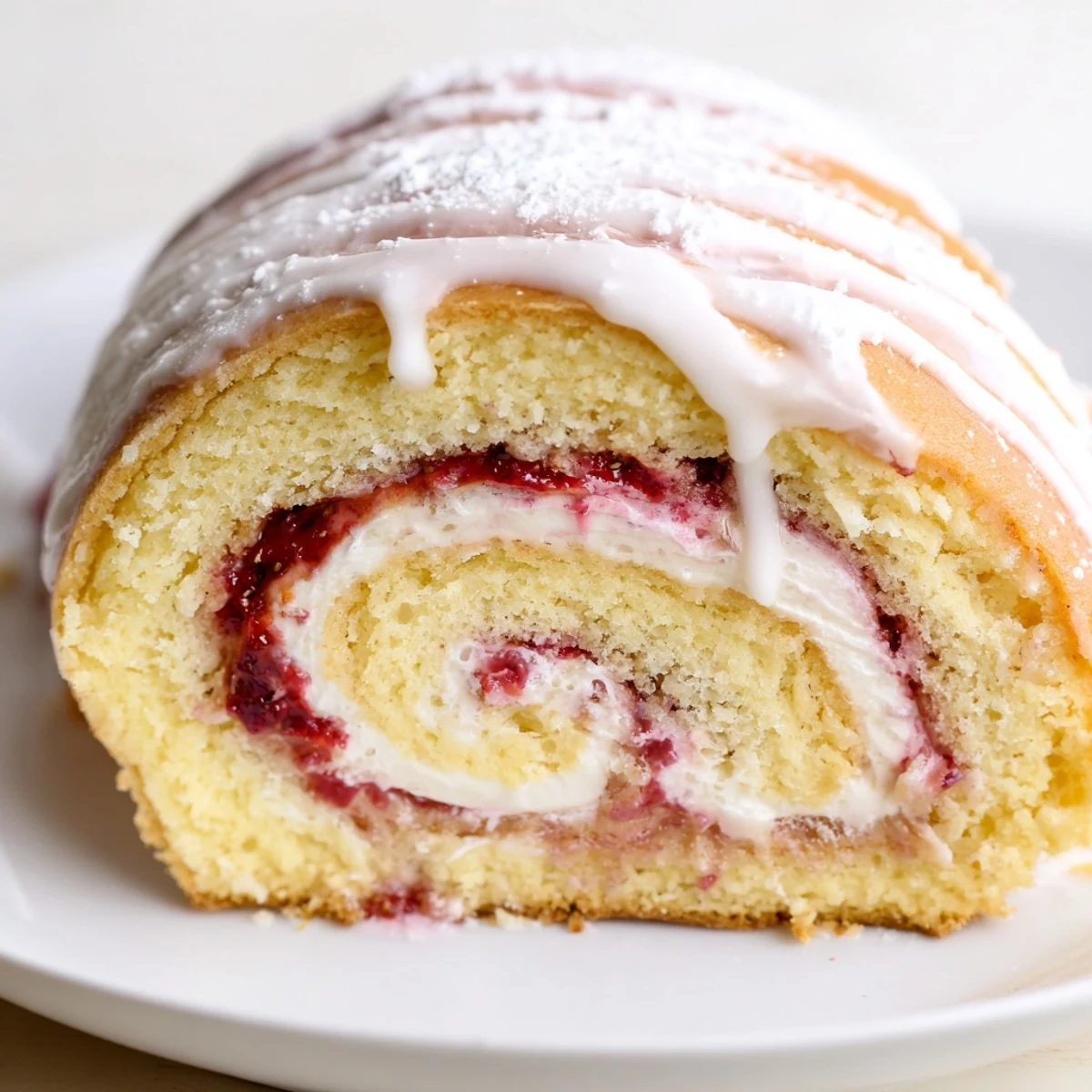 Golden Strawberry Shortcake Cheesecake Rolls drizzled with sweet vanilla glaze on white plate