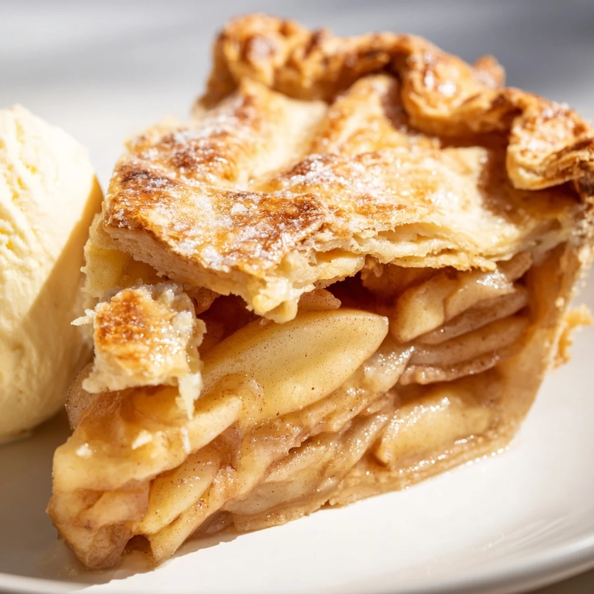 Warm apple pie slice with tender cinnamon apples served alongside vanilla ice cream