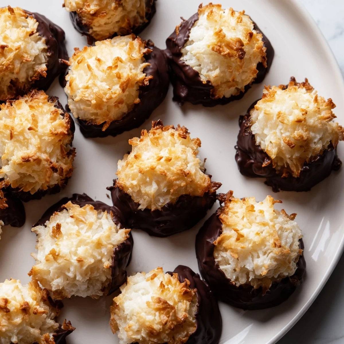 Dipped chewy coconut macaroons with chocolate bottoms arranged on a white serving plate