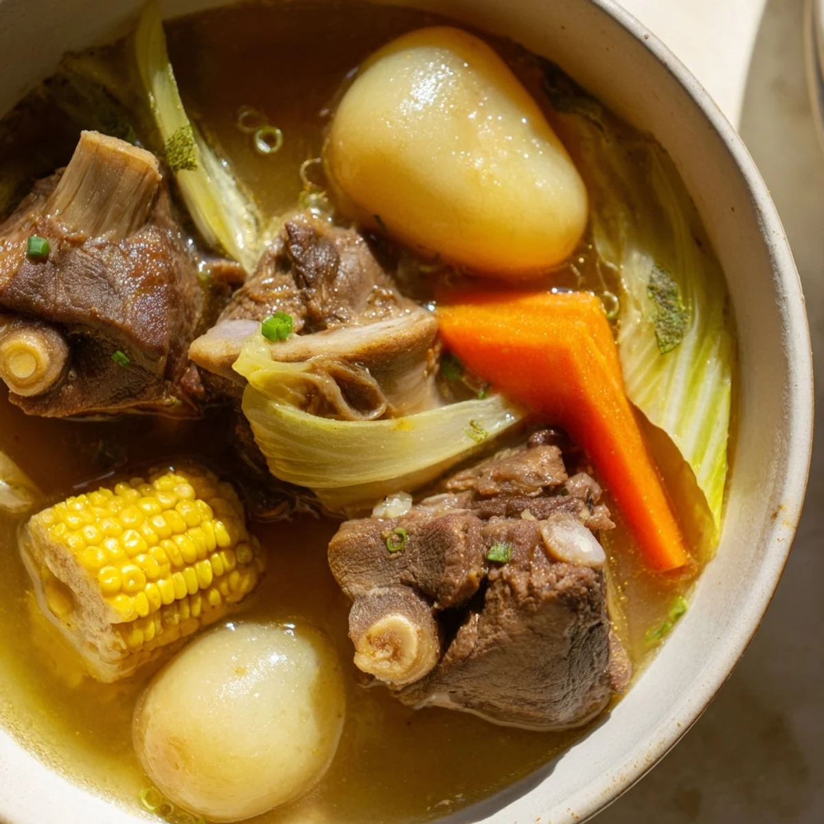Steaming bowl of Filipino Bulalo featuring tender beef shank and fresh vegetables in golden broth