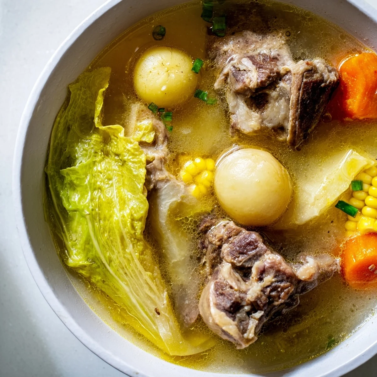 Filipino Bulalo beef shank soup with corn, cabbage, and rich bone marrow
