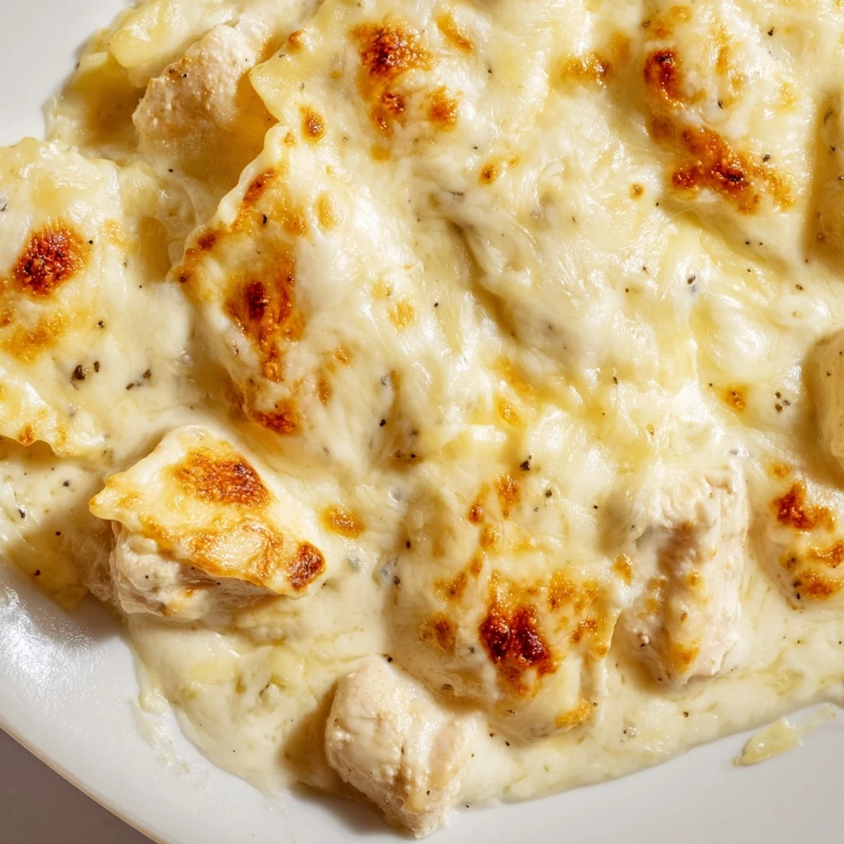 Golden bubbling Chicken Alfredo Baked Ravioli casserole topped with melted mozzarella and fresh parsley