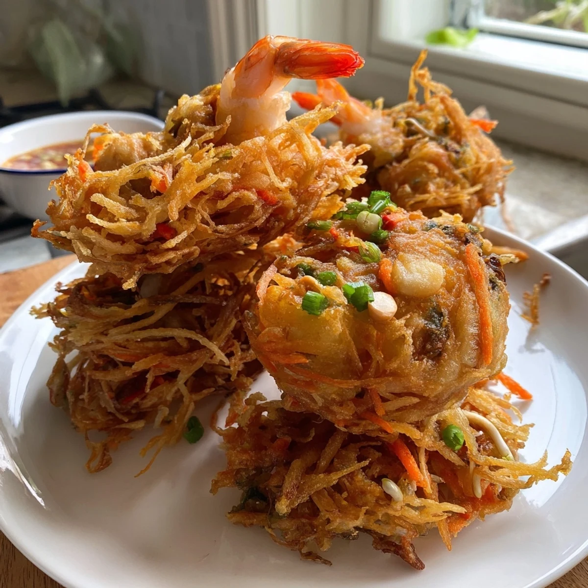 Crispy golden Ukoy Filipino shrimp fritters served with tangy vinegar garlic dipping sauce