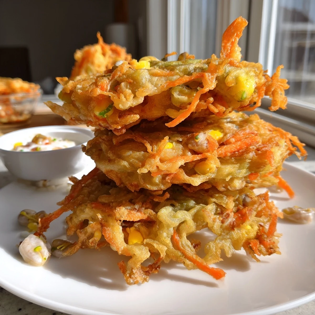 Ukoy Filipino shrimp fritters topped with whole shrimp bean sprouts and julienned vegetables
