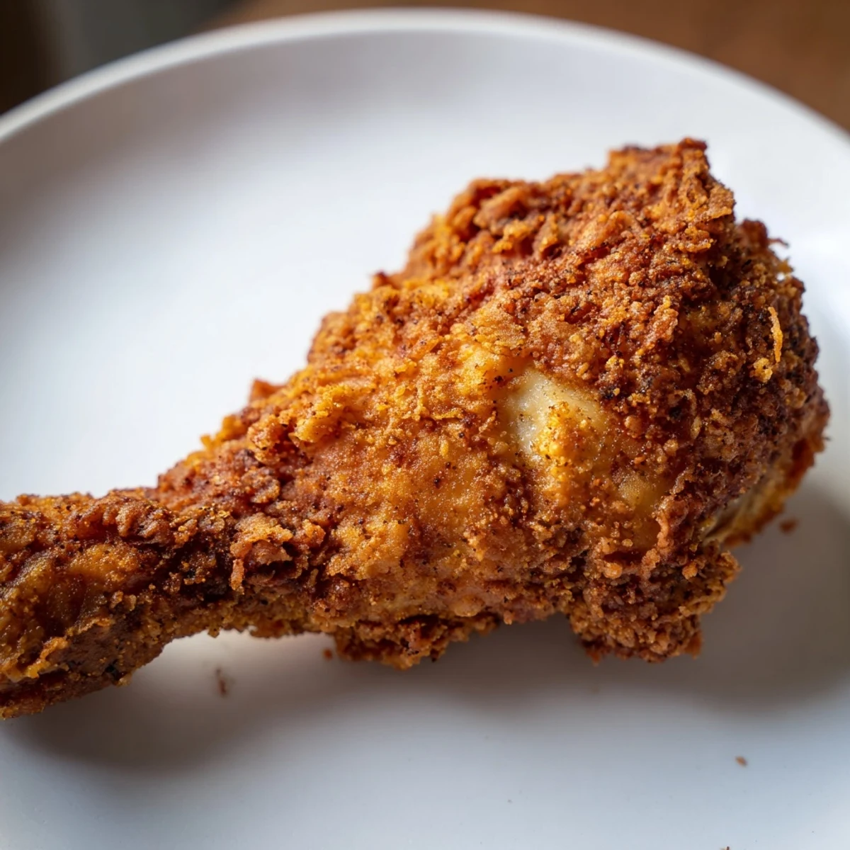 Golden fried chicken with speckled crust and steam rising from the juicy meat inside