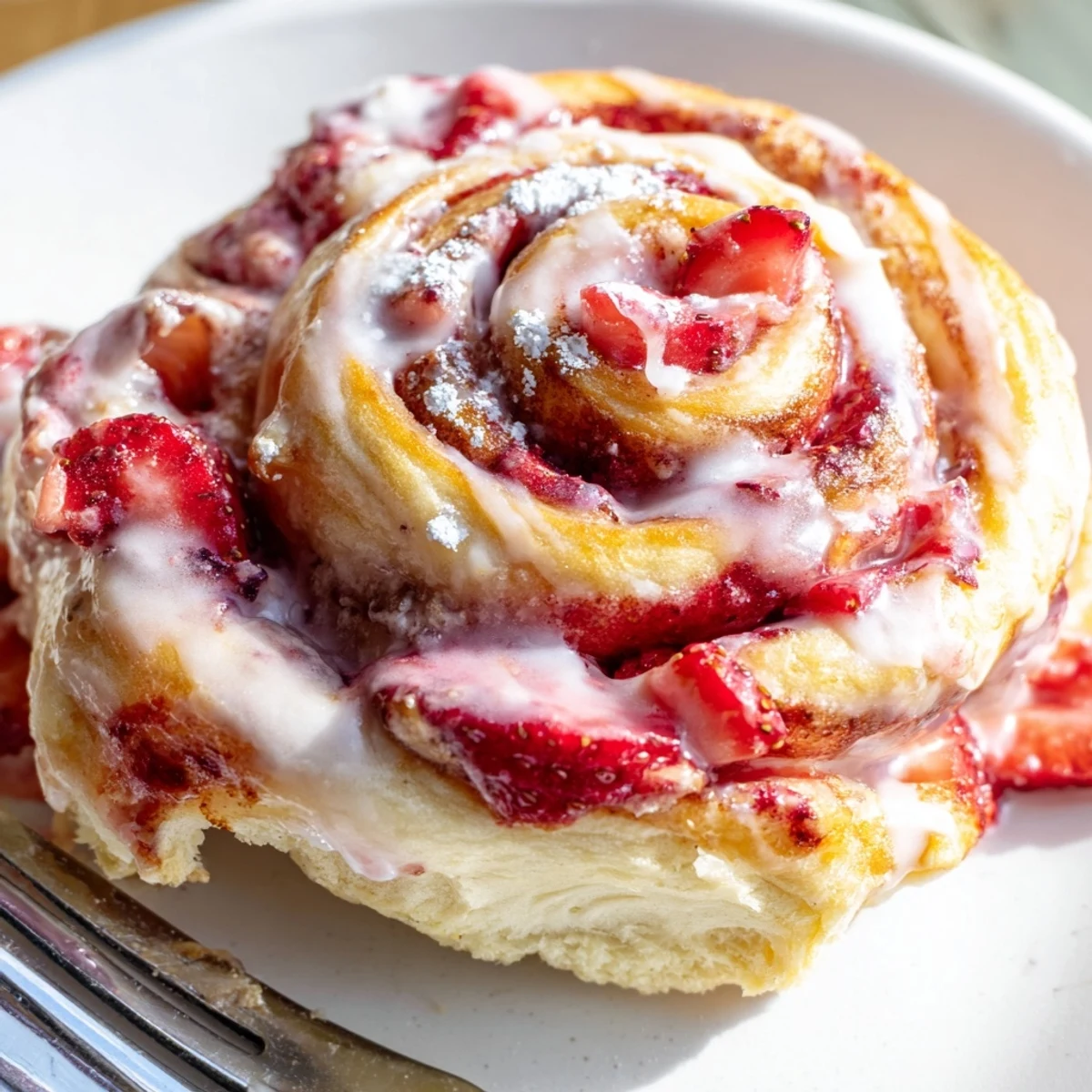 Golden strawberry cheesecake Cinnabon rolls dripping with creamy vanilla glaze on a white plate