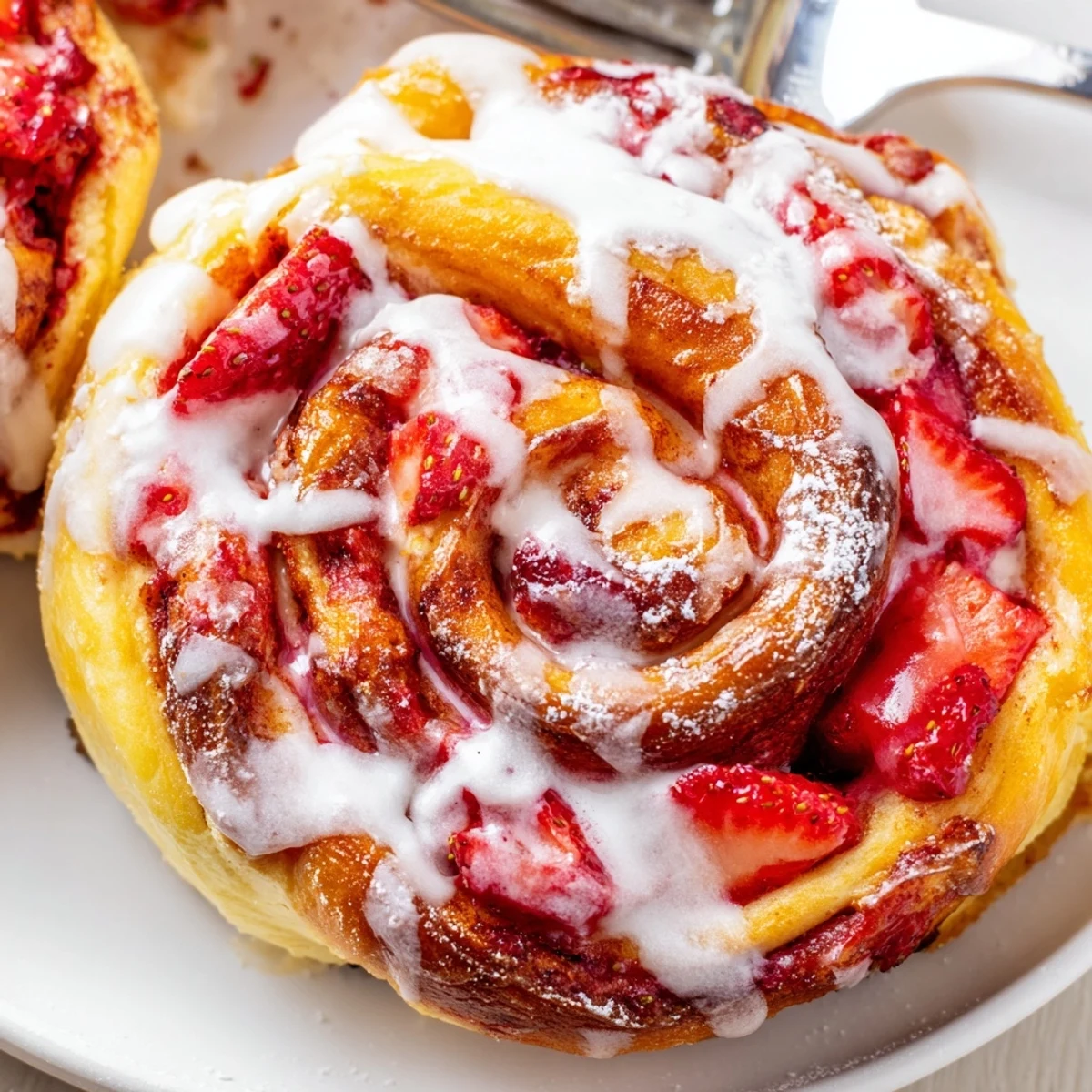 Fluffy cinnamon rolls swirled with cheesecake filling and fresh strawberries drizzled in sweet icing