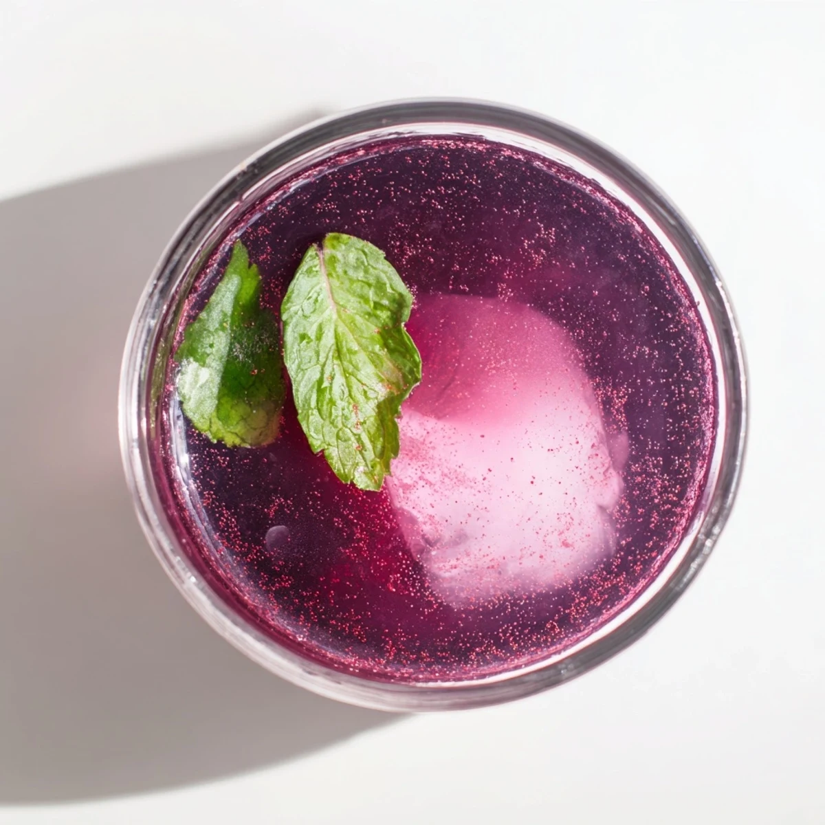Pitcher of grape agua fresca poured over ice with fresh mint garnish