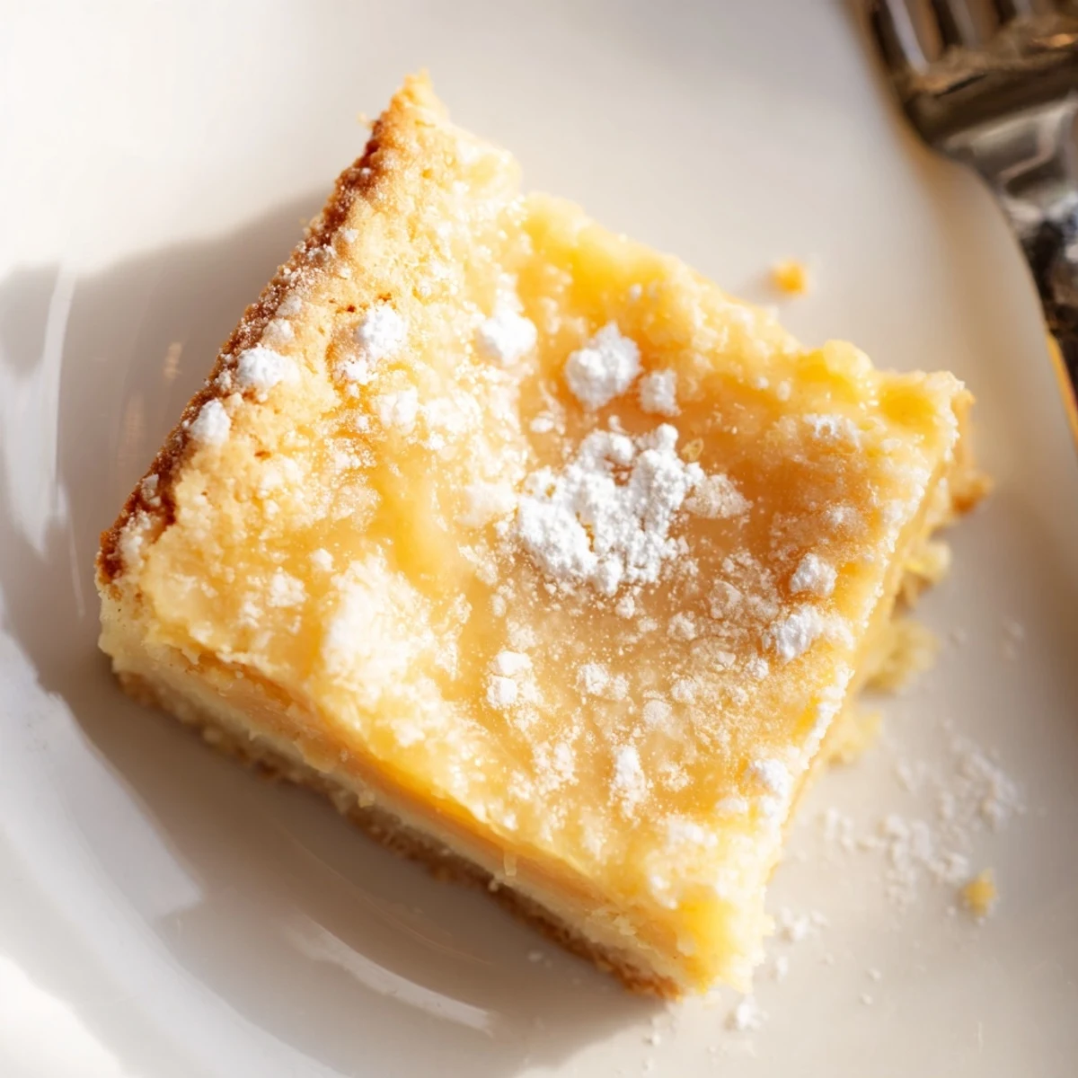 Golden Lemon Gooey Butter Cake squares dusted with powdered sugar on a rustic white serving plate