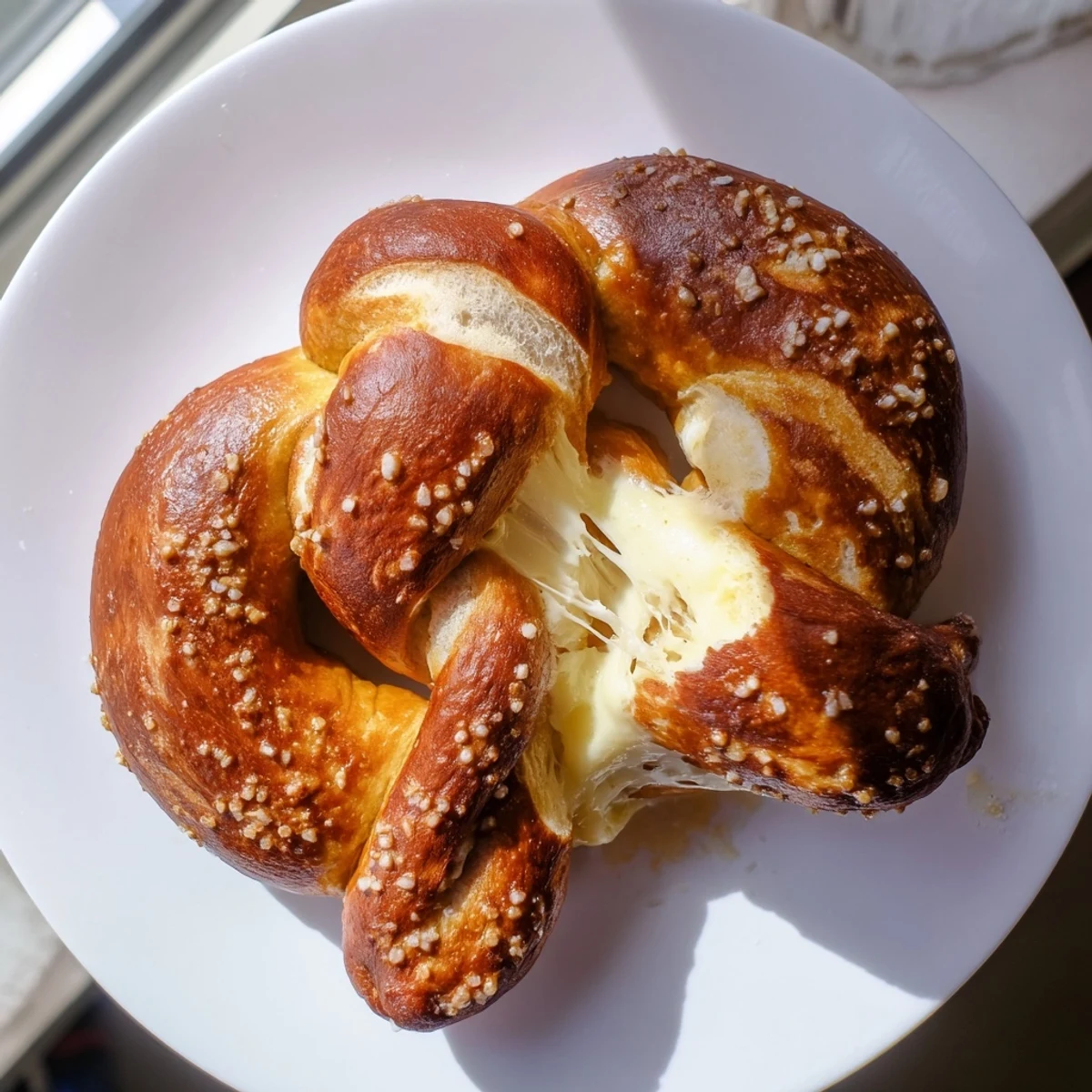 Golden brown mozzarella stuffed soft pretzels with coarse salt on rustic parchment paper