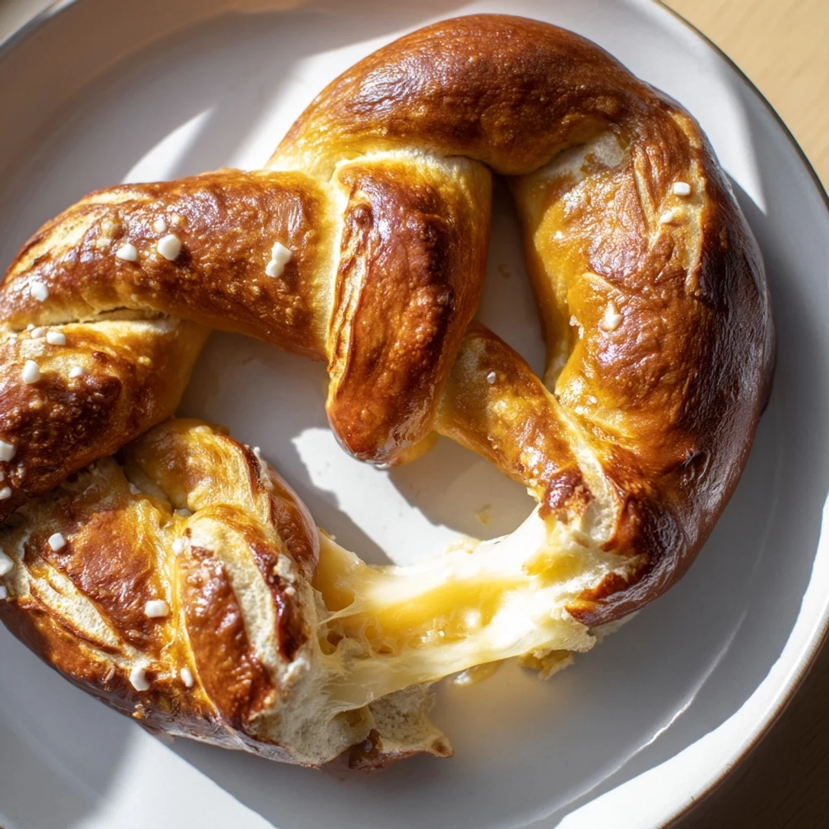 Warm mozzarella stuffed soft pretzels oozing melted cheese from twisted golden dough