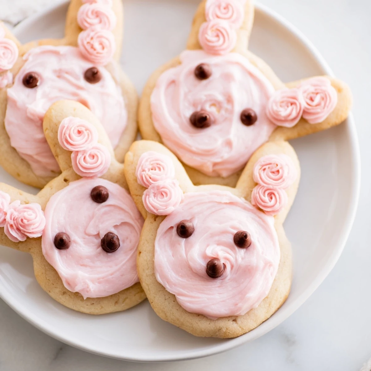 Adorable buttercream bunny cookies with swirled pastel frosting on a rustic white serving board