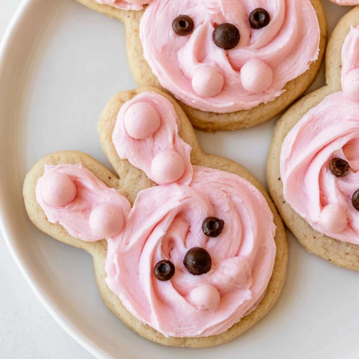 Soft bunny-shaped sugar cookies topped with creamy buttercream frosting and candy sprinkle decorations