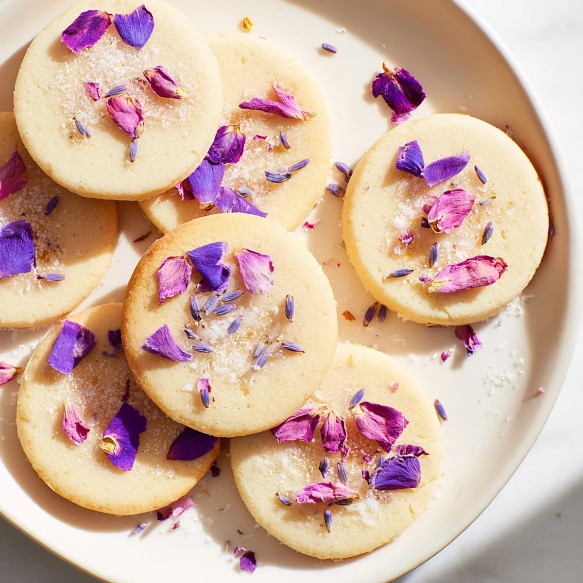 Golden Spring Blossom Cookies topped with colorful edible flowers on a rustic white plate