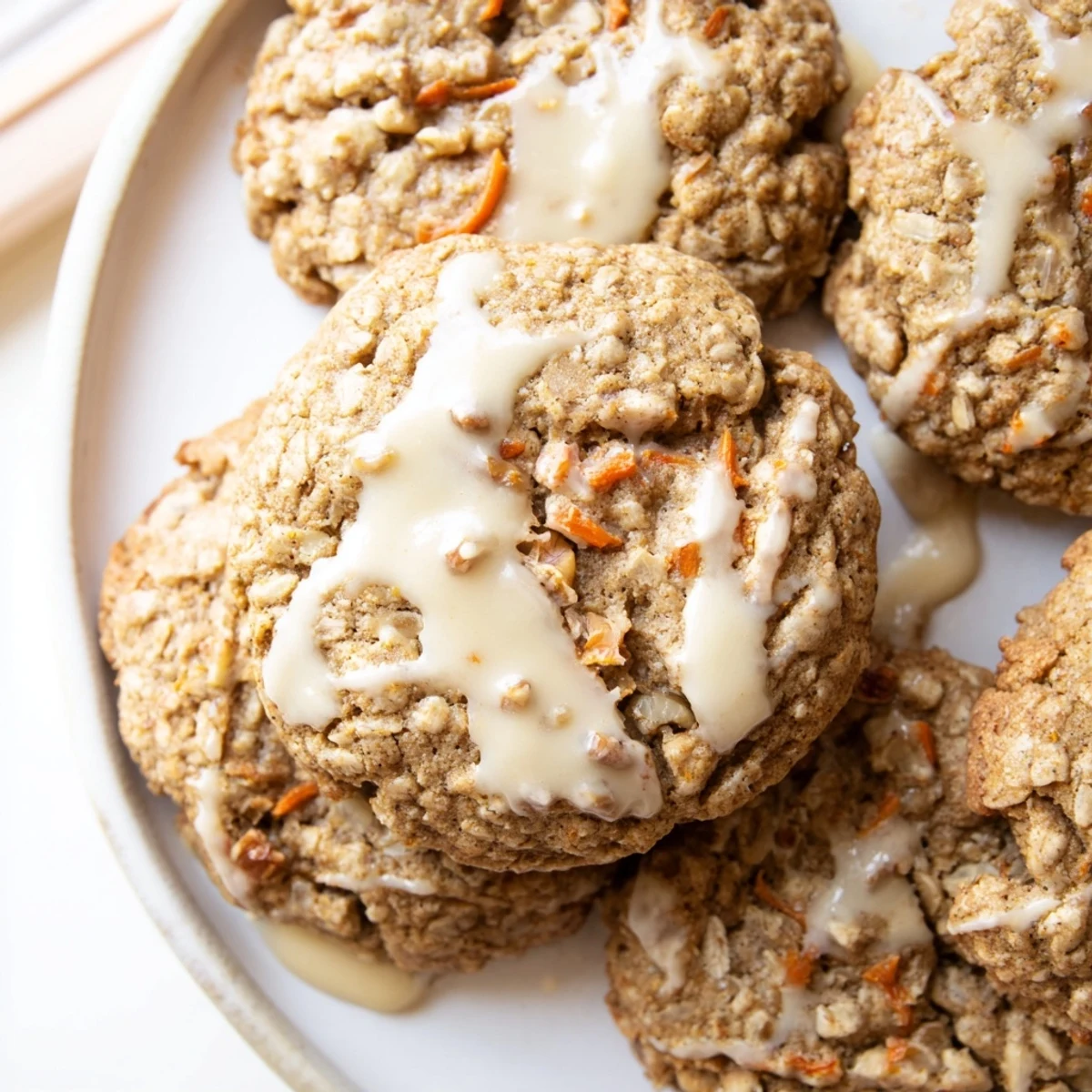 Golden brown butter carrot cake cookies with visible shreds of fresh carrot and chopped walnuts on a rustic baking sheet