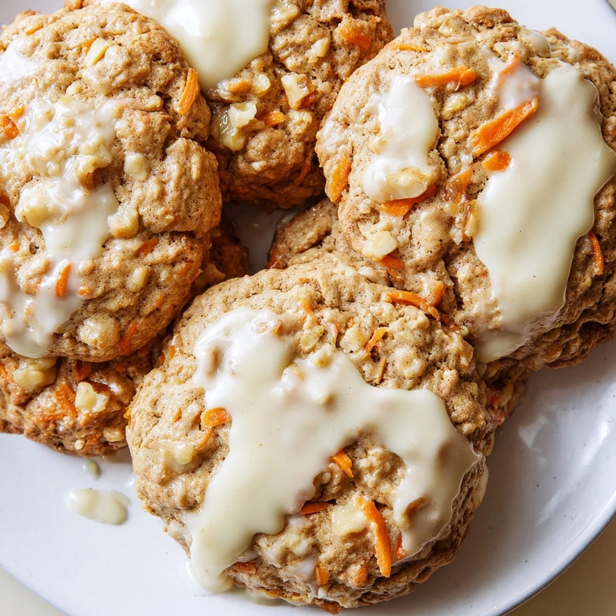 Soft chewy carrot cake cookies drizzled with sweet cream cheese glaze, displayed on a white ceramic serving plate