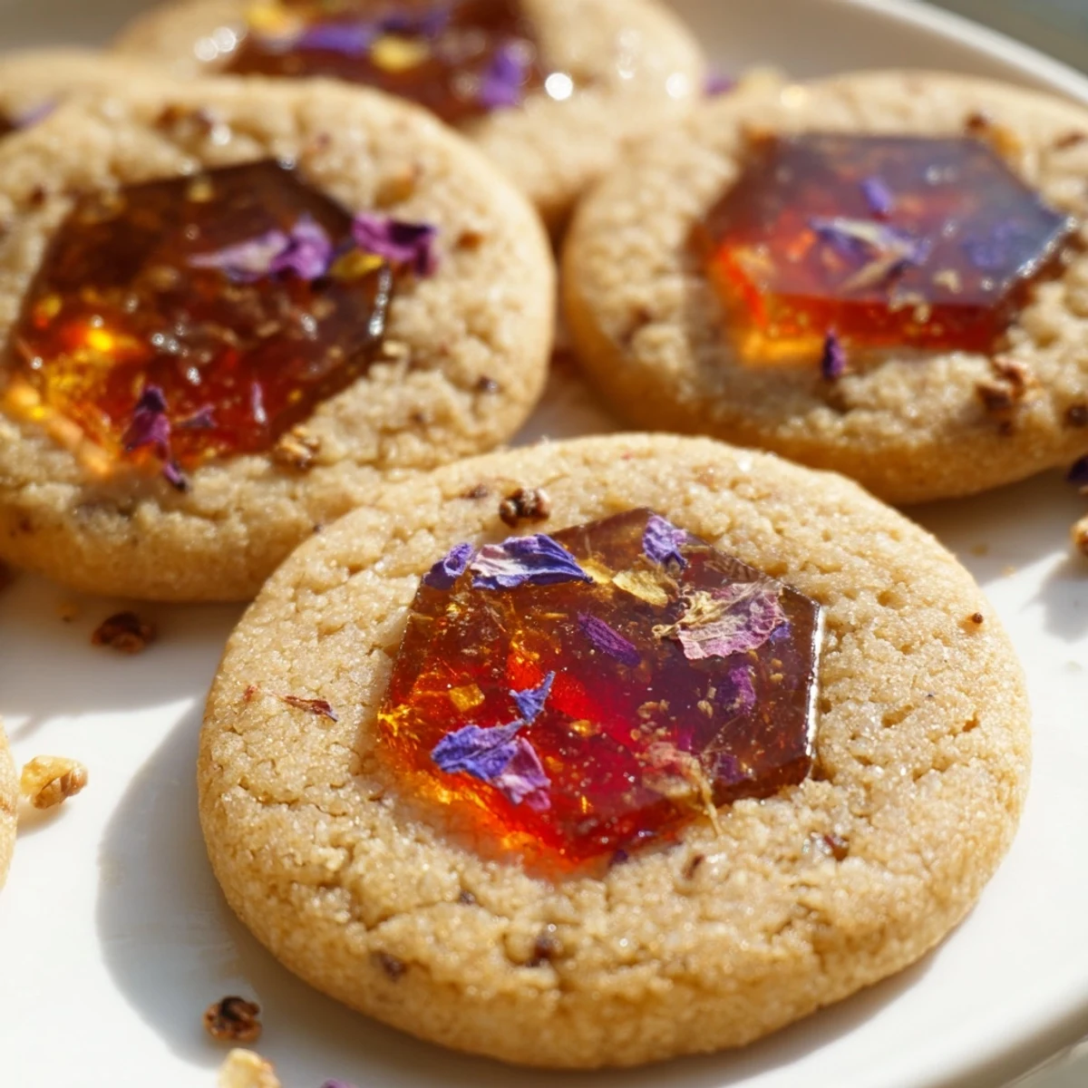 Vegan gluten free Earl Grey stained glass floral cookies arranged on a vintage porcelain tea plate