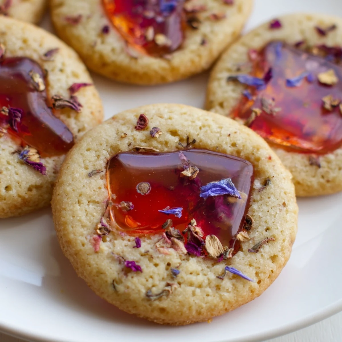 Delicate Earl Grey stained glass floral cookies with translucent candy centers and pressed edible blossoms