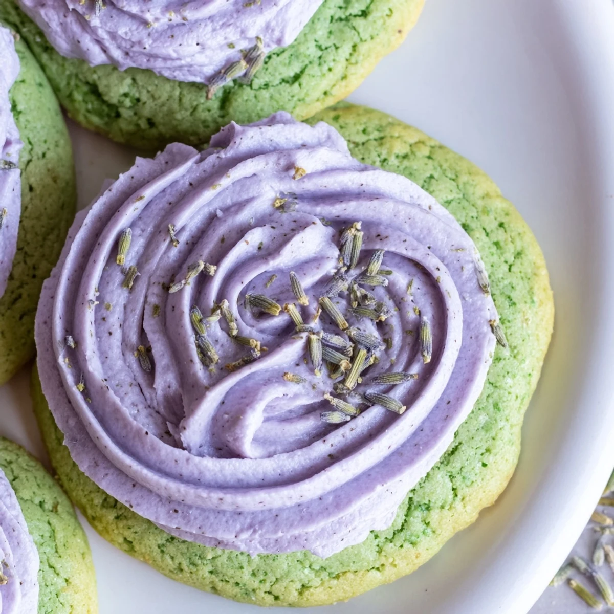 Soft green matcha sugar cookies with swirled purple lavender frosting on a rustic wooden board