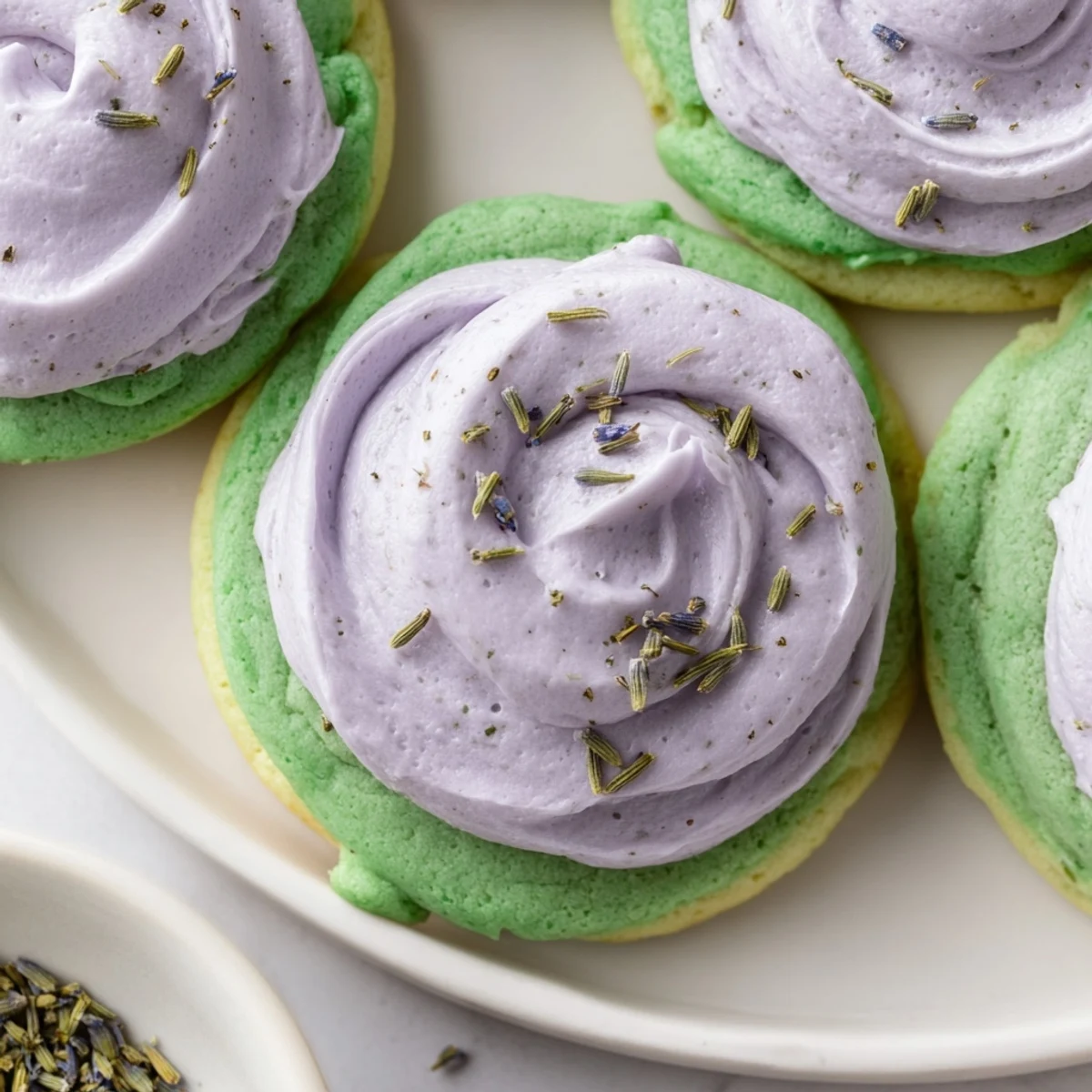 Delicate matcha sugar cookies crowned with creamy lavender buttercream garnished with tiny purple buds