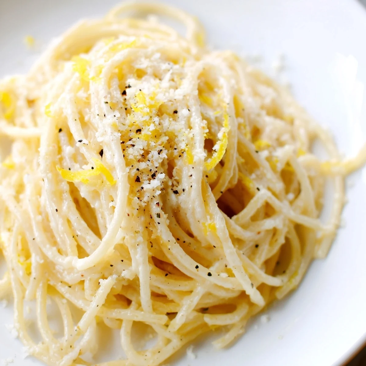 Creamy Parmesan Lemon Pasta twirled in a skillet with fresh herbs and cracked black pepper