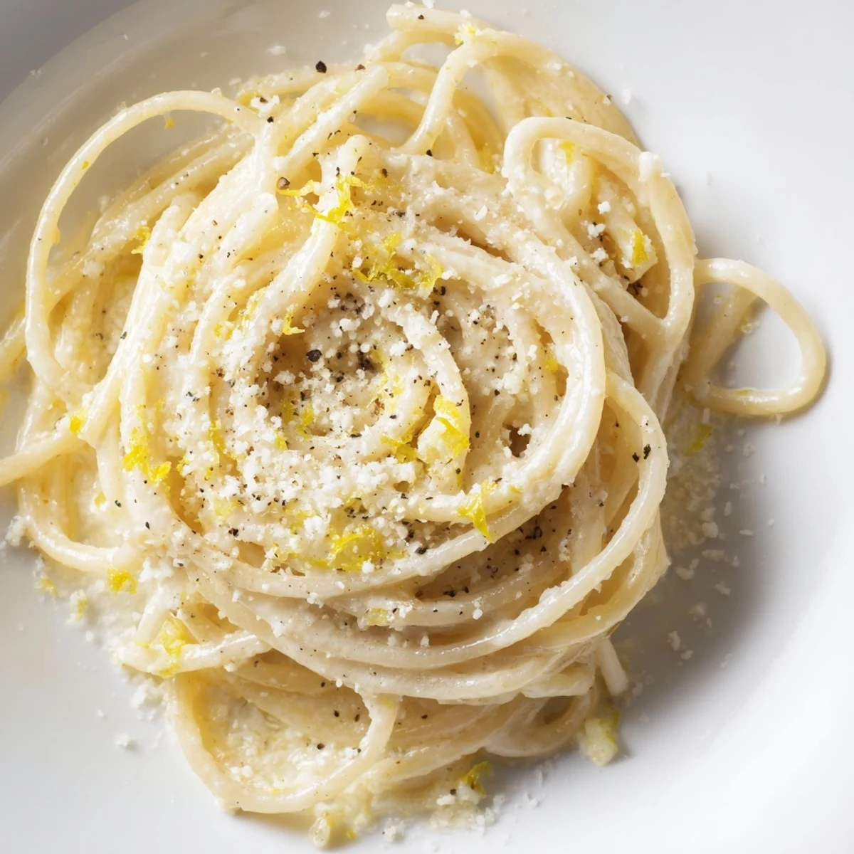 Golden spaghetti coated in zesty Parmesan Lemon Pasta sauce with bright citrus flecks