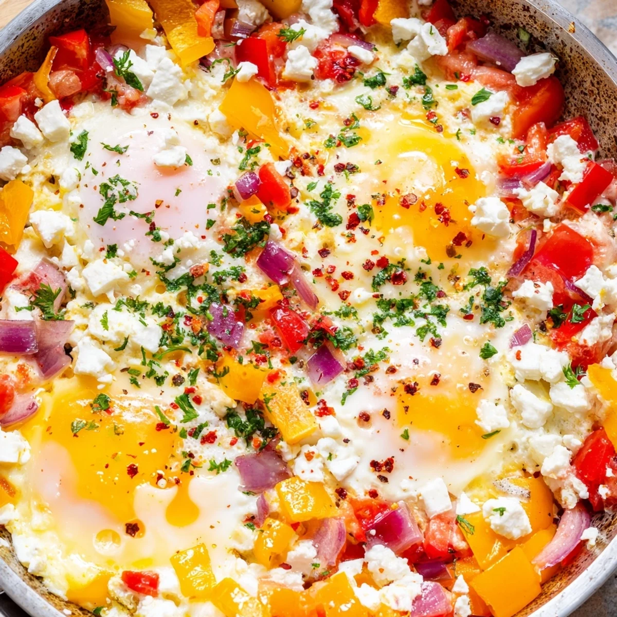 Creamy baked feta eggs with roasted peppers and tomatoes in a cast iron skillet
