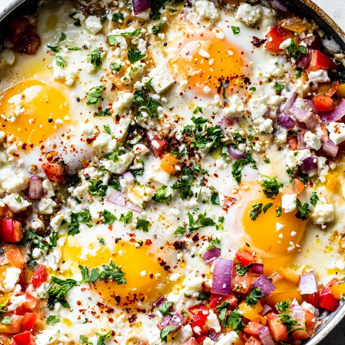 Golden baked feta eggs nestled in Mediterranean vegetables with fresh parsley garnish
