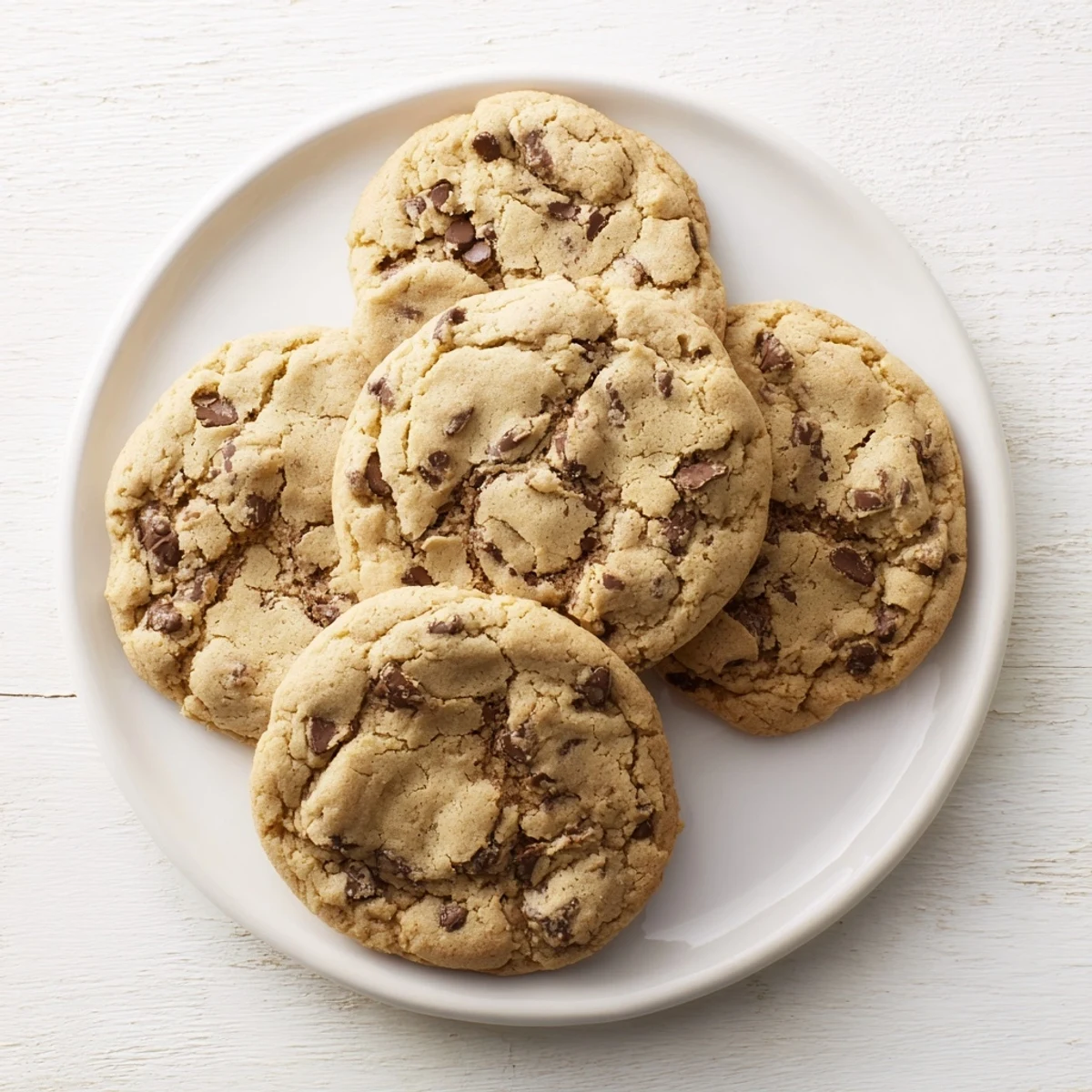 Soft nut free chocolate chip cookies with golden edges on a rustic wooden serving board