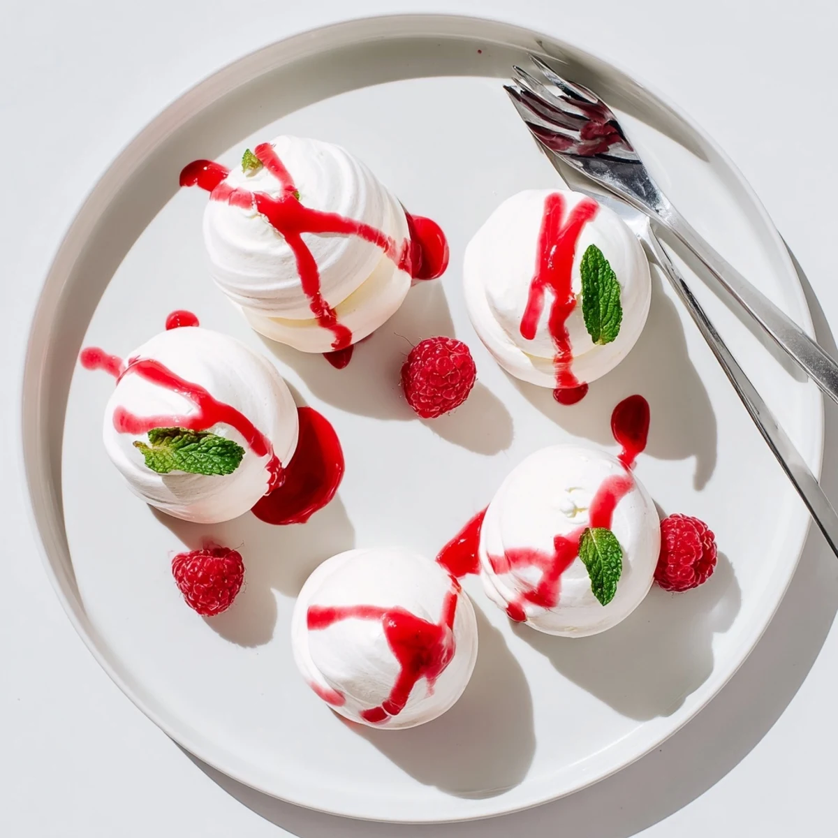 Crisp Pavlova Bombs topped with billowy whipped cream and bright red raspberry coulis drizzle