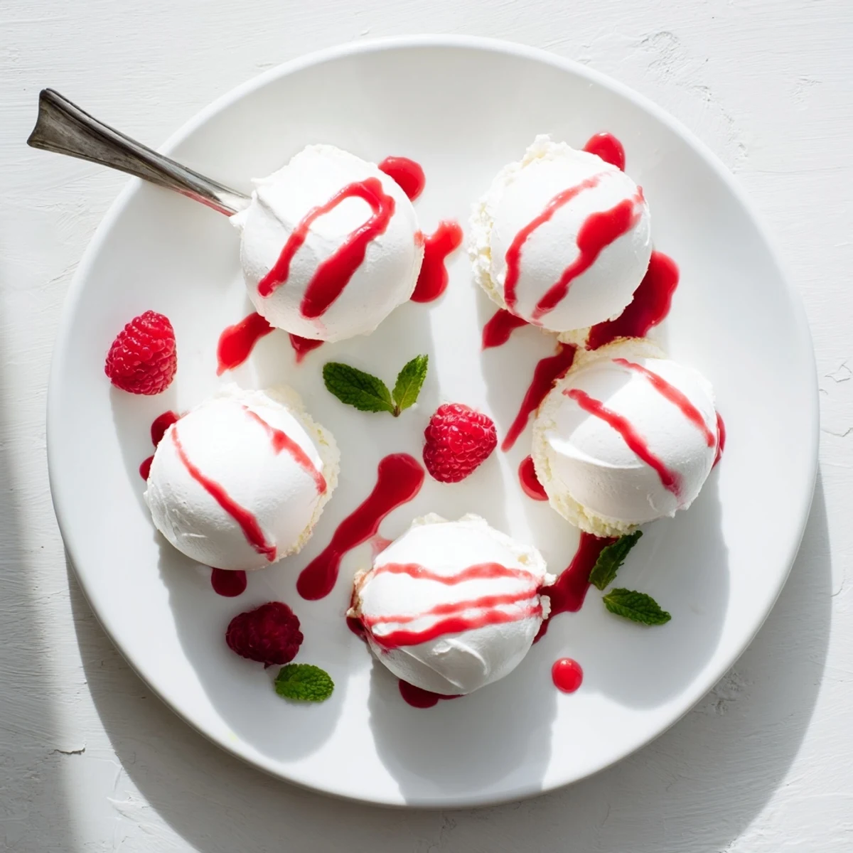 Golden meringue Pavlova Bombs filled with vanilla cream and glossy raspberry sauce on white plate