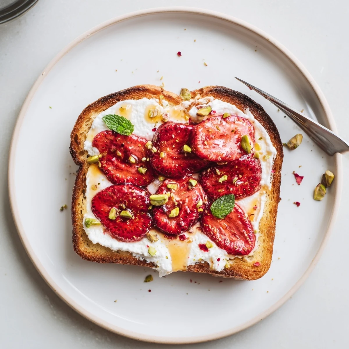 Golden sourdough toast topped with fluffy whipped ricotta and glistening roasted strawberry syrup