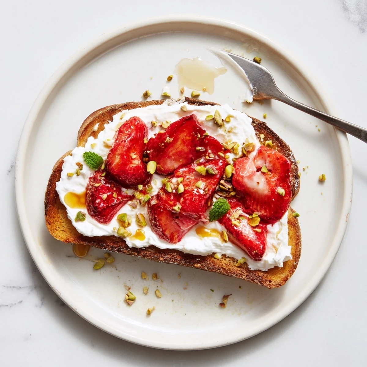 Creamy lemon-zest whipped ricotta spread on crispy bread with caramelized roasted strawberry topping