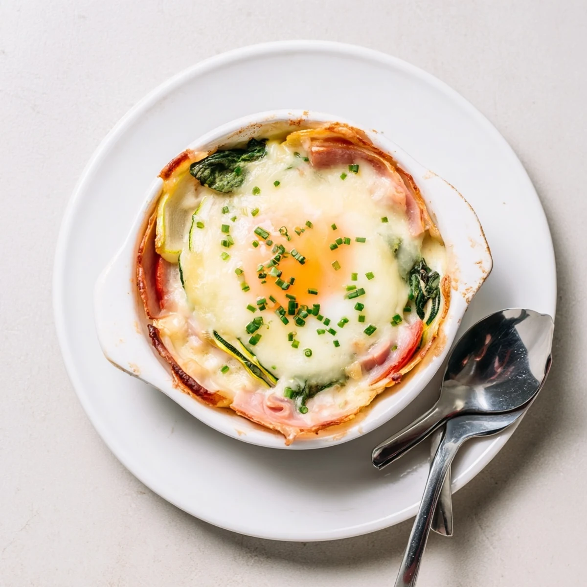Golden Baked Eggs Napoleon with runny yolks nestled in creamy Gruyère sauce and vegetables