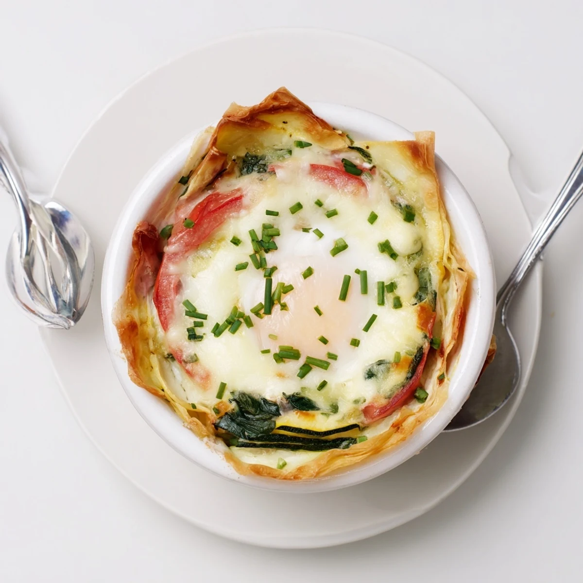 Elegant Baked Eggs Napoleon layered with spinach, ham, and melted cheese in ramekins