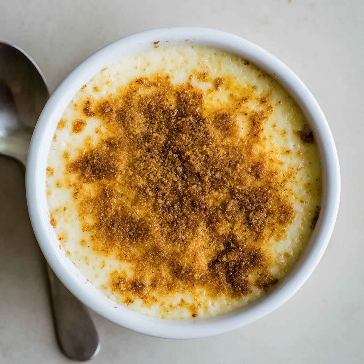 Creamy Portuguese rice custard in white ramekins topped with golden cinnamon sugar sprinkled generously