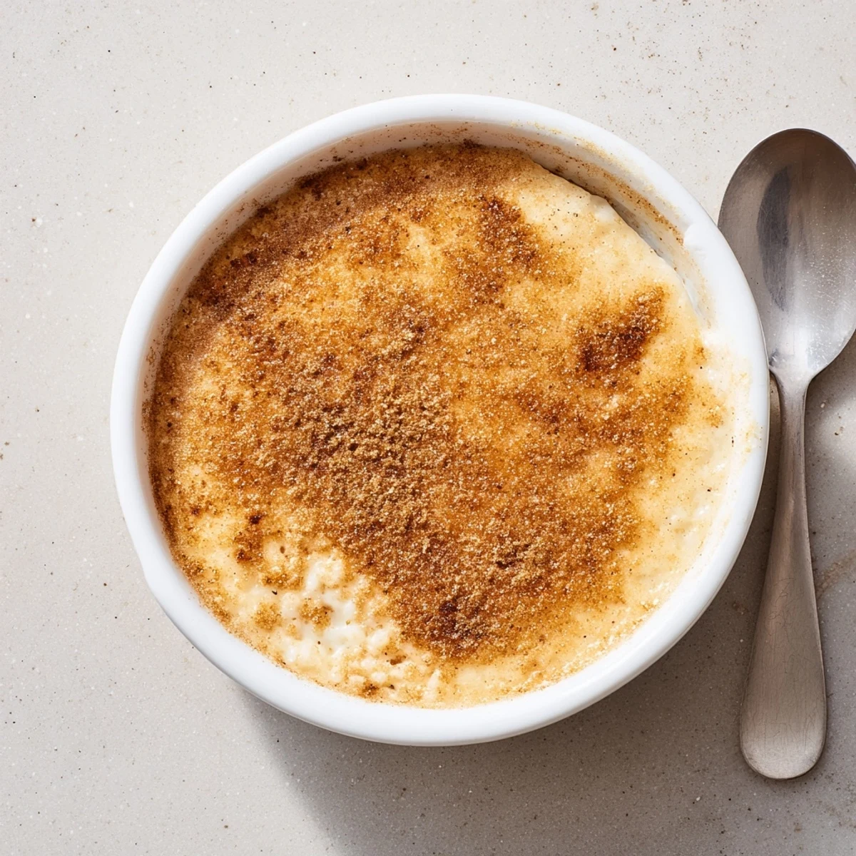 Silky Portuguese rice custard with a caramelized cinnamon dusting served in small decorative dishes