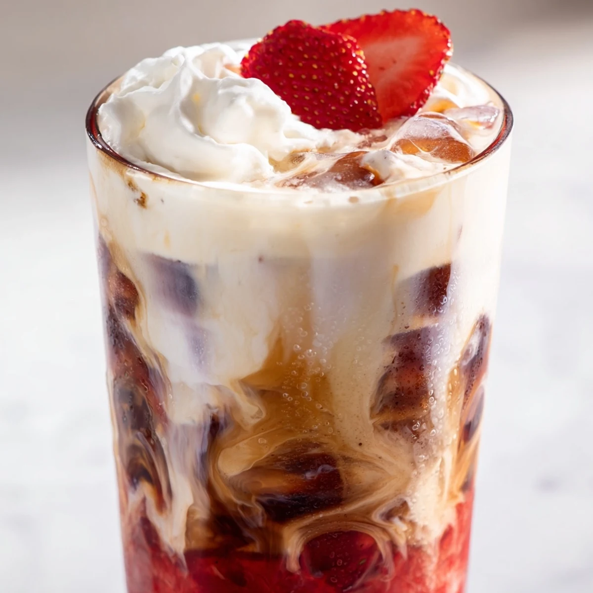 Creamy strawberry cold latte in a tall glass with swirled pink layers and ice
