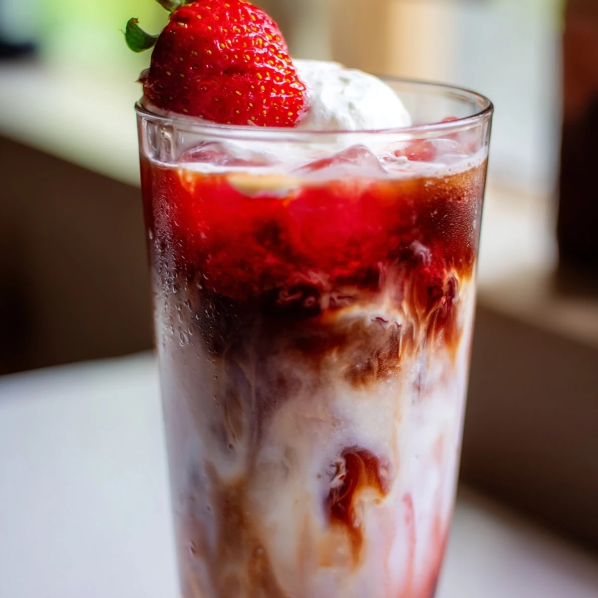 Strawberry cold latte topped with fluffy whipped cream and fresh berry garnish