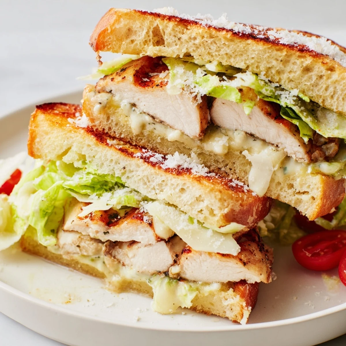 Juicy grilled chicken Caesar sandwich piled high with crisp romaine and shaved Parmesan on golden toasted ciabatta