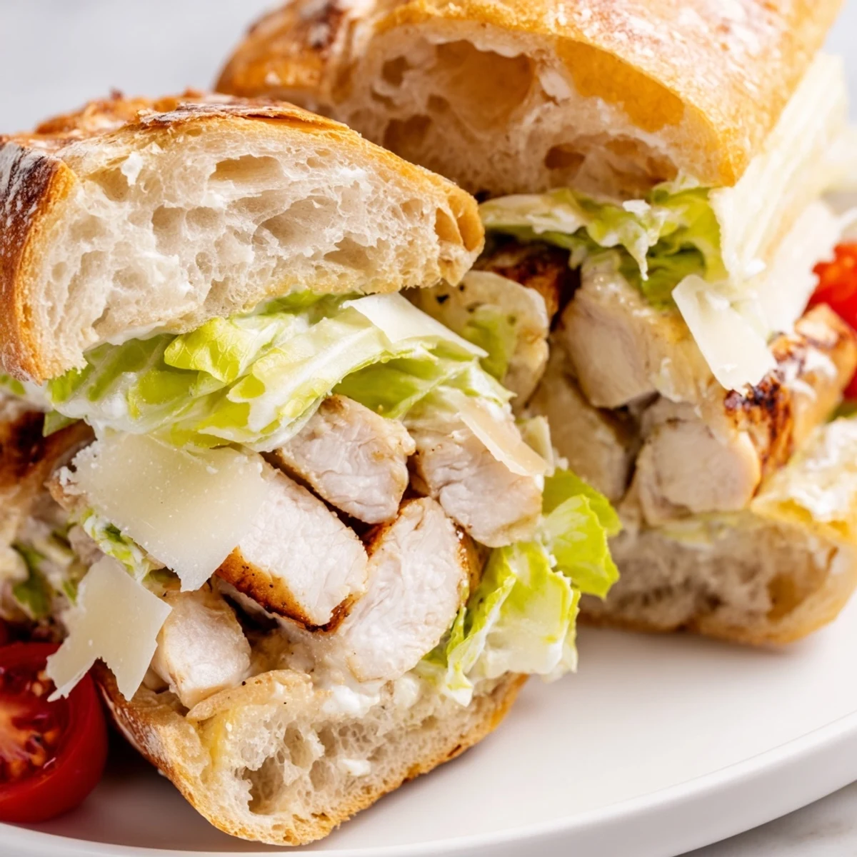 Toasted chicken Caesar sandwich with creamy homemade dressing, fresh romaine lettuce, and melted butter on crusty bread