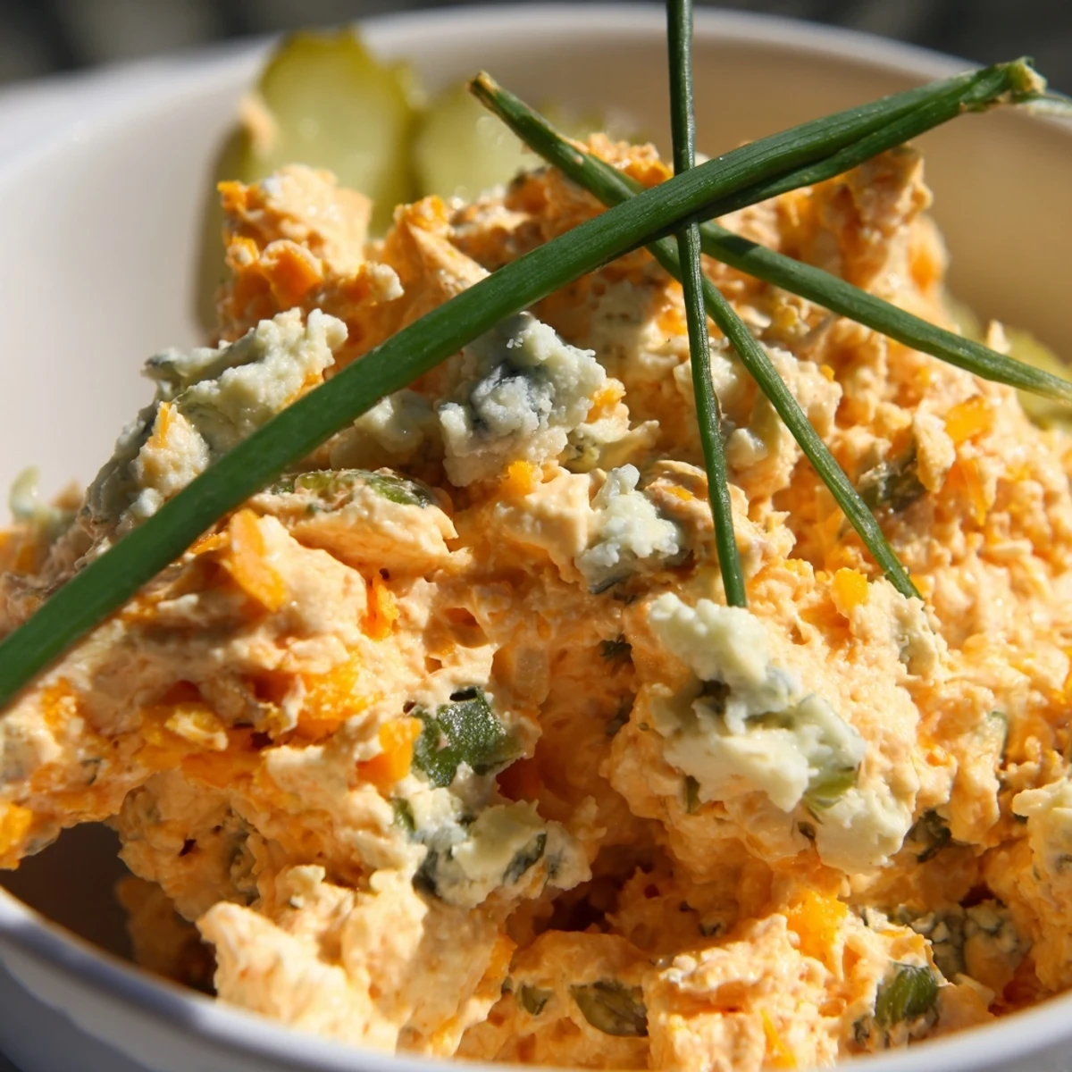 Tangy buffalo pickle dip topped with cheddar cheese and fresh chives in a rustic bowl