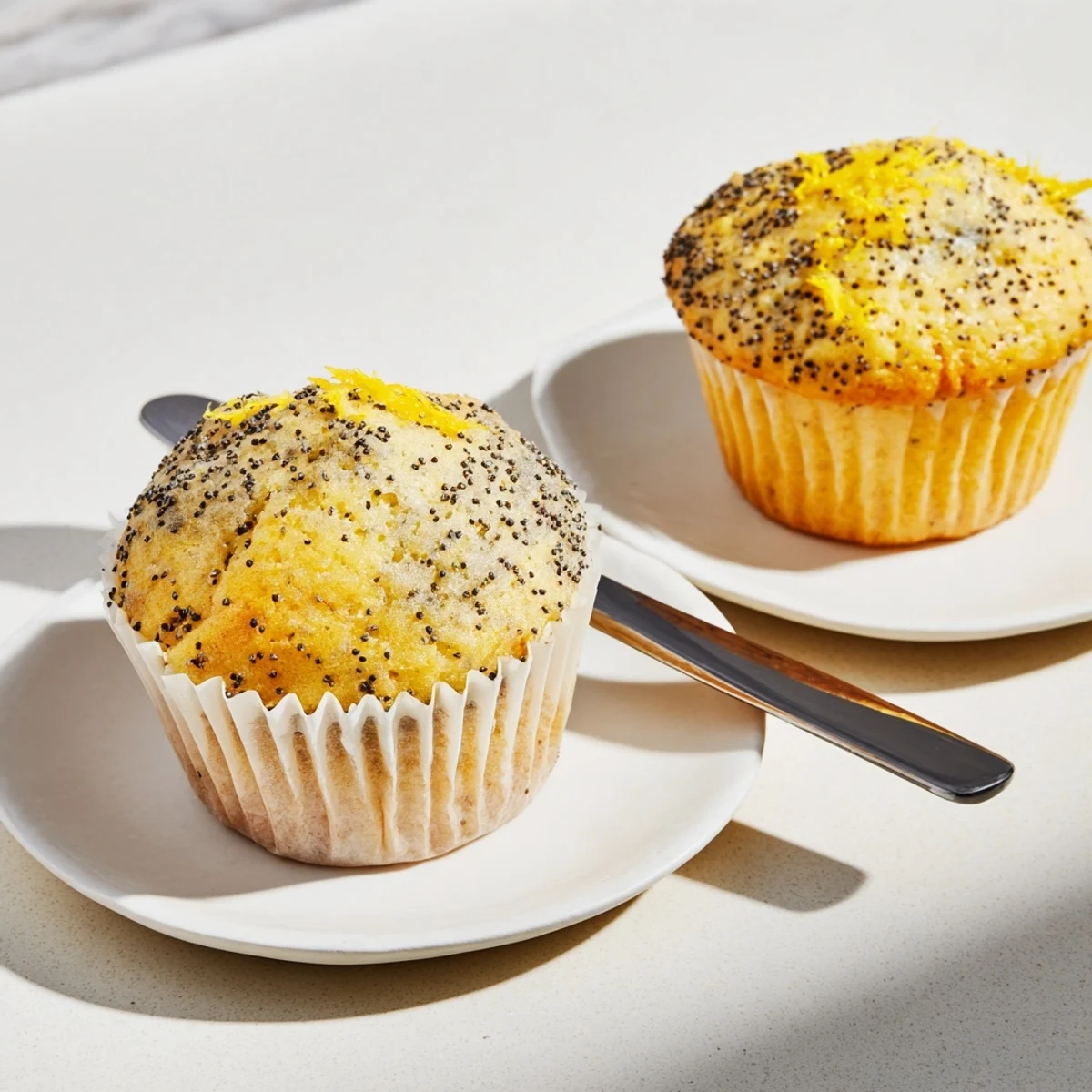 Moist lemon poppy seed muffins speckled with zest arranged on a rustic ceramic plate