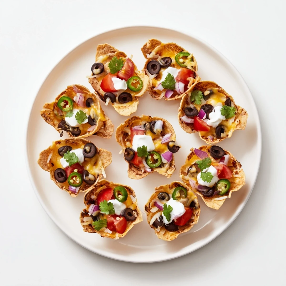 Golden cheesy nacho cups bubbling with melted cheddar and colorful fresh toppings